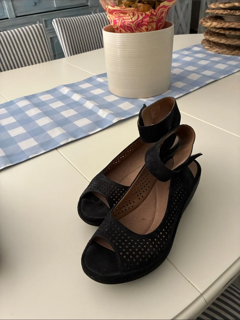 Clarks Black Perforated Suede Peep-Toe Wedge Sandals with Ankle Strap